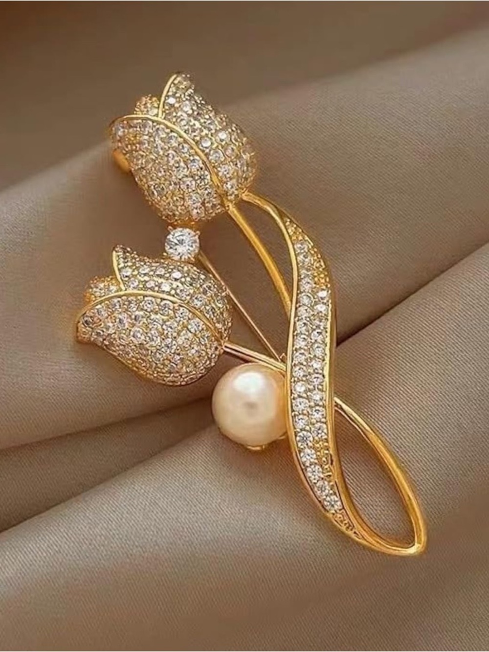 Anthropologie Gold Crystal & Pearl Tulip Brooch